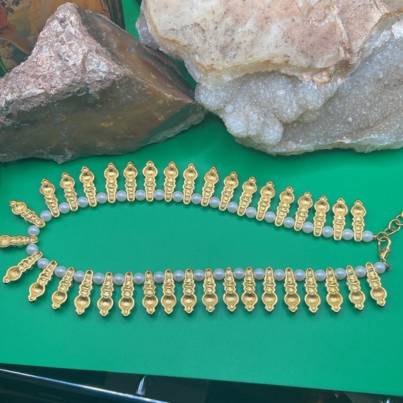 Enamel Crystal Faux Pearl Choker Gold Tone 1980s - Picture 3 of 3